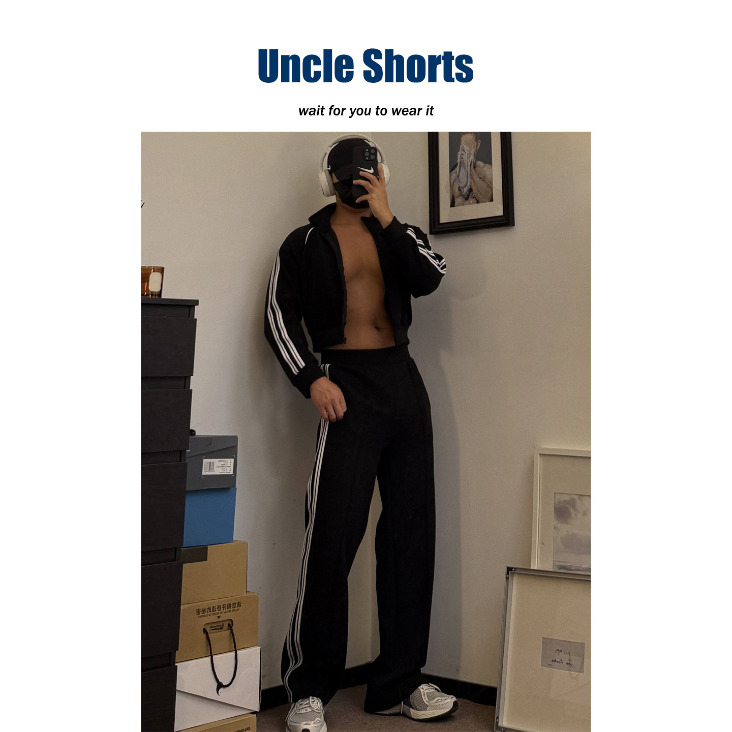 Uncle Shorts【千禧运动风】插肩袖超短款外套男士直筒裤条纹套装,淘宝优惠券,粉丝福利购,淘宝优惠卷