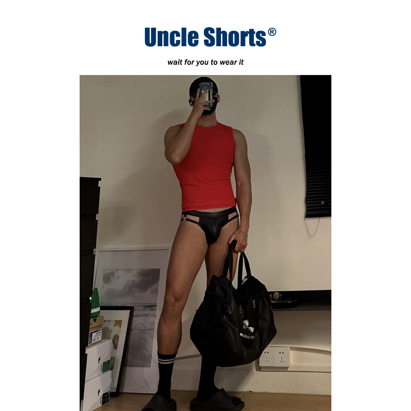 Uncle Shorts性感皮革双丁字裤男男镂空商务黑色低腰提臀三角内裤-图1