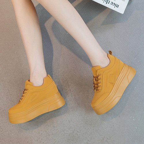 真皮黄色厚底老爹鞋女松糕显瘦春新款ins潮内增高运动鞋休闲单鞋 - 图2