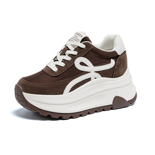 真皮厚底板鞋休闲女鞋松糕百搭德训老爹鞋增高轻便厚底学生运动鞋 - 图2