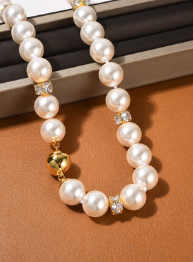 高级感香槟金色调磁吸扣14mm深海贝珠项链微瑕