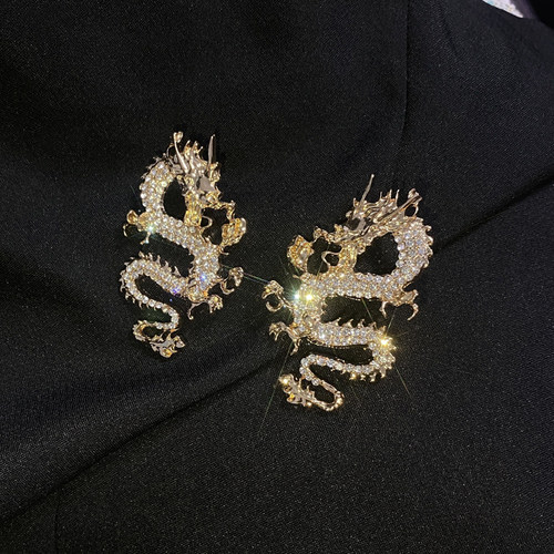 复古耳饰Vintage欧美巴洛克金属镶钻龙造型几何浮雕满钻耳钉耳环 - 图3