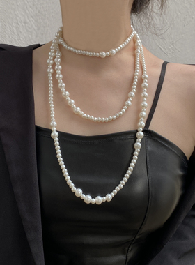 珍珠叠戴多层女渐变毛衣链锁骨链