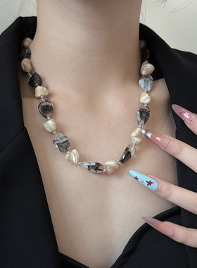 异形灰水晶不规则天然石串珠项链
