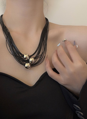 复古金属圆球吊坠多层皮绳项链女