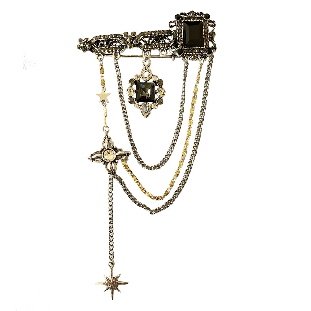 暗黑复古金属链流苏镶钻别针胸针巴洛克黑色宝石高档气质外套配饰,淘宝优惠券,粉丝福利购,淘宝优惠卷