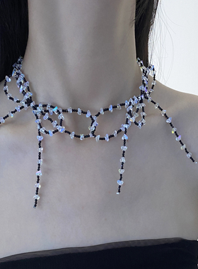 水晶流苏女斑点蝴蝶结项链锁骨链