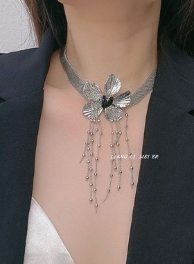 金属短款大花朵流苏女项链