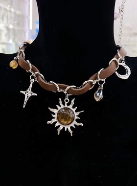 金属皮质编织棕色太阳花项圈颈链