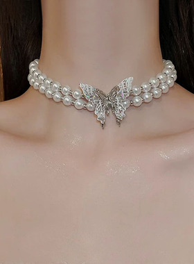 复古双层珍珠镶钻蝴蝶叠戴项链女