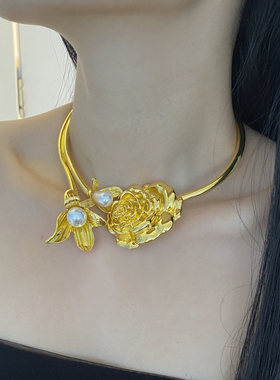 中古金属开口山茶花项圈锁骨项链