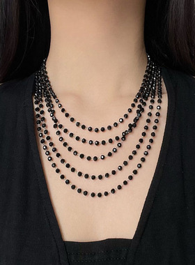 黑水晶串珠流苏长叠戴项链毛衣链