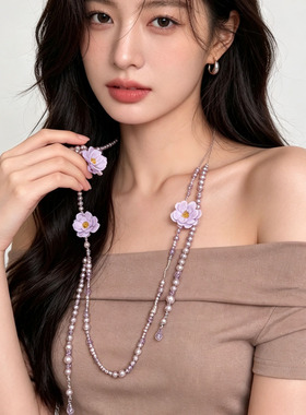 超仙紫色花朵水晶珍珠多层项链女