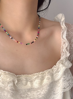 彩色多巴胺天然水晶细款串珠项链