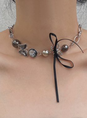 金属纽扣女蝴蝶镶钻锁骨链项链