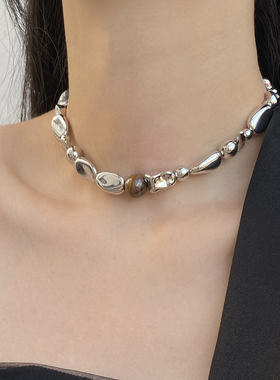 金属异型不规则女棕色虎石项链