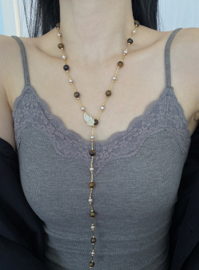 虎眼石串珠长款虎眼石项链毛衣链