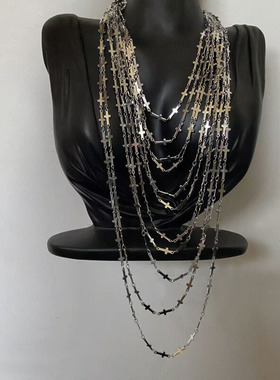 金属亮片多层十字架叠戴长款项链