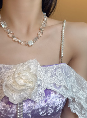 简约透明水晶方块珍珠项链锁骨链