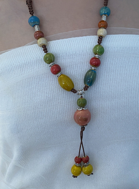 陶瓷编织绳彩色串珠长项链锁骨链