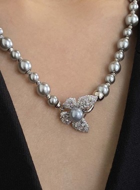 微镶锆石蝴蝶串珠珍珠毛衣项链女