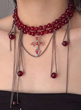 安哥拉红镶钻十字架流苏圆珠项链