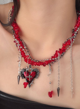 爱心十字架不规则碎石流苏项链