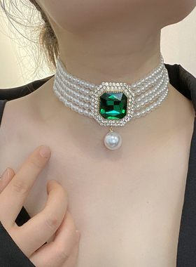 金属珍珠多层女镶钻几何项链颈链