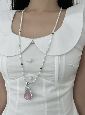 新中式风粉色玉钱袋子吊坠项链女