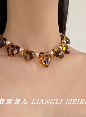 复古辣妹豹纹水晶爱心串珠项链