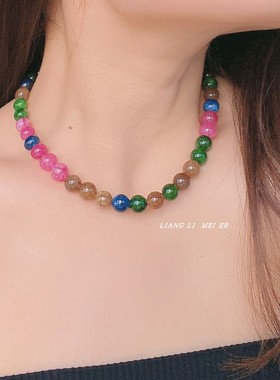 天然石串珠女彩色琉璃锁骨毛衣链