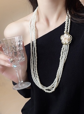 满钻山茶花珍珠长项链多层锁骨链