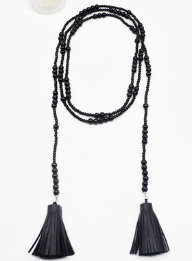 水晶串珠女黑色流苏项链毛衣链