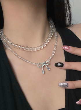 蝴蝶结透明水晶串珠项链锆石颈链