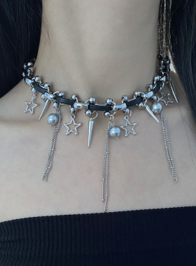 金属皮质编织女流苏星星锁骨项链