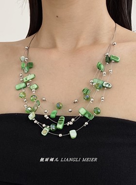 彩色贝壳多层水晶串珠项链女