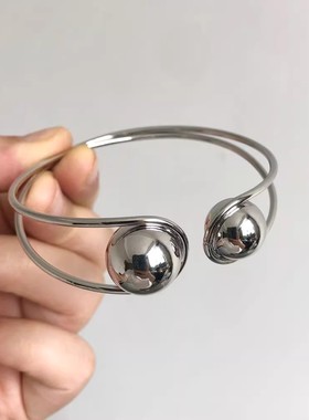 镂空双层素圈金属球开口手镯手环