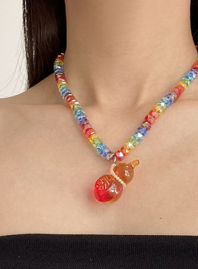 葫芦吊坠多巴胺彩水晶锁骨项链