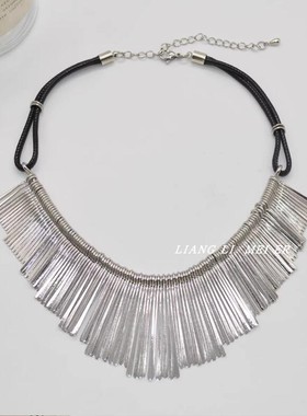 金属黑皮绳女几何流苏项链