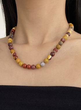 彩色天然蛋黄石多巴胺串珠项链