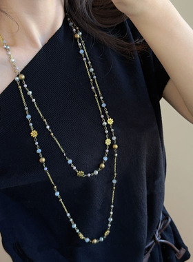 复古做旧古金双层菊花长款项链女