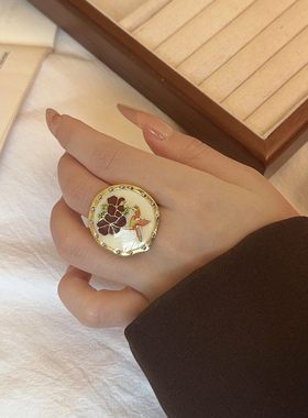 中古珐琅滴油几何圆形开口戒指女