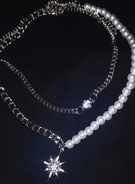 INS潮金属八芒星珍珠女双层项链