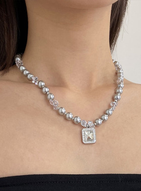 锆石镶钻高级方糖吊坠珍珠项链
