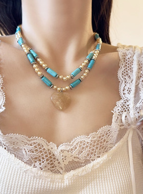 复古珍珠串珠绿松石双层爱心项链