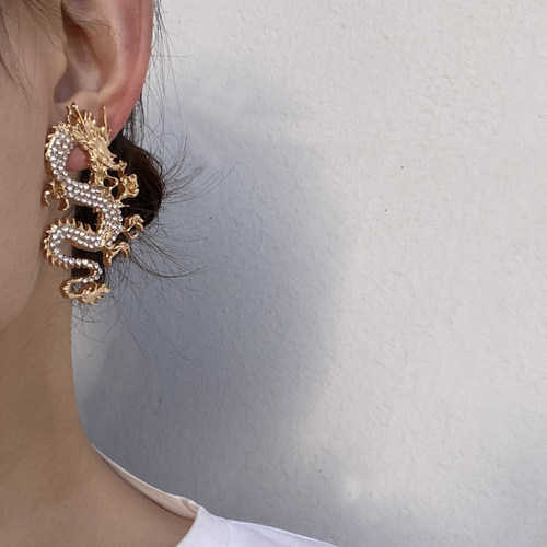 复古耳饰Vintage欧美巴洛克金属镶钻龙造型几何浮雕满钻耳钉耳环 - 图1