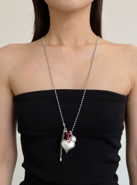 金属哑光银波点爱心长款吊坠项链