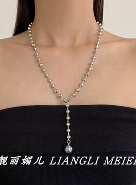 金属银色冷淡风Y形珍珠吊坠项链