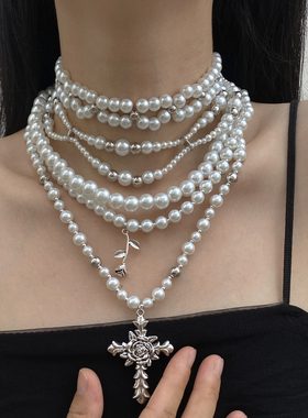 金属珍珠多层十字架浮夸项链颈链