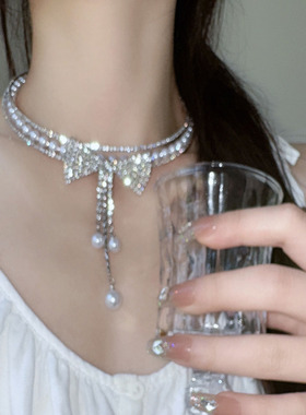 公主千金风闪锆蝴蝶结仿珍珠项链